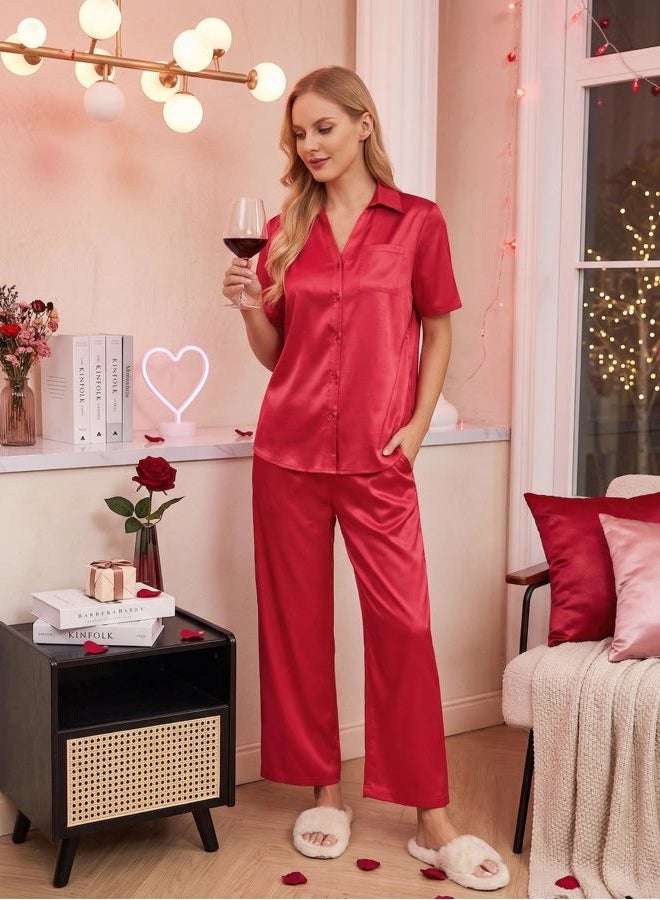 Ekouaer Womens Silk Satin Pajamas Set Button Down 2 Piece Pjs Wide Leg Long Pants Sleepwear Lounge Set with Pockets Red - Image 4