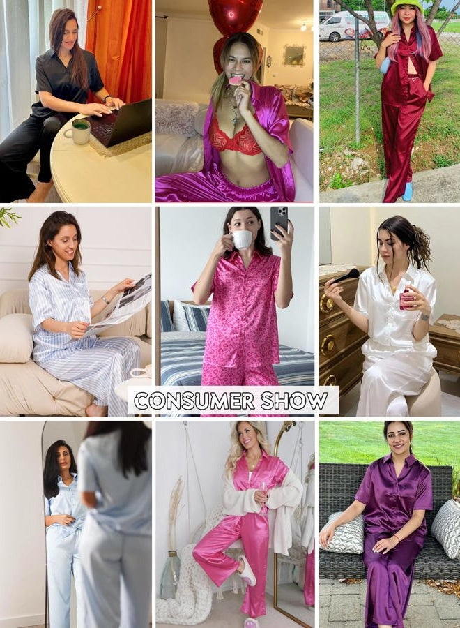Ekouaer Womens Silk Satin Pajamas Set Button Down 2 Piece Pjs Wide Leg Long Pants Sleepwear Lounge Set with Pockets Red - Image 5
