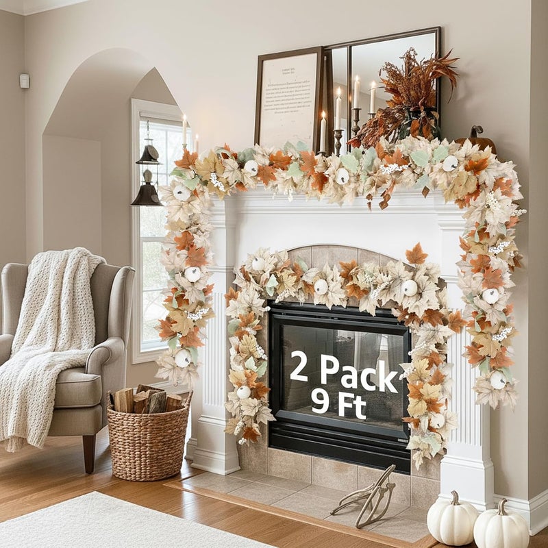 NUTIKAS Neutral Fall Garland for Mantle Fireplace - 2 Pack Toatal 18Ft Outdoor Autumn Leaves Decor for Home Front Door with Pumpkins Indoor Maple for Farmhouse Stairs Porch Halloween Thanksgiving Decorations - Image 4