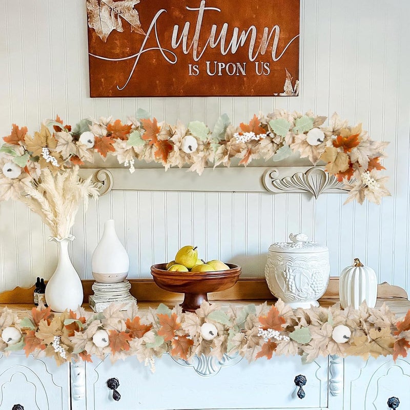 NUTIKAS Neutral Fall Garland for Mantle Fireplace - 2 Pack Toatal 18Ft Outdoor Autumn Leaves Decor for Home Front Door with Pumpkins Indoor Maple for Farmhouse Stairs Porch Halloween Thanksgiving Decorations - Image 3