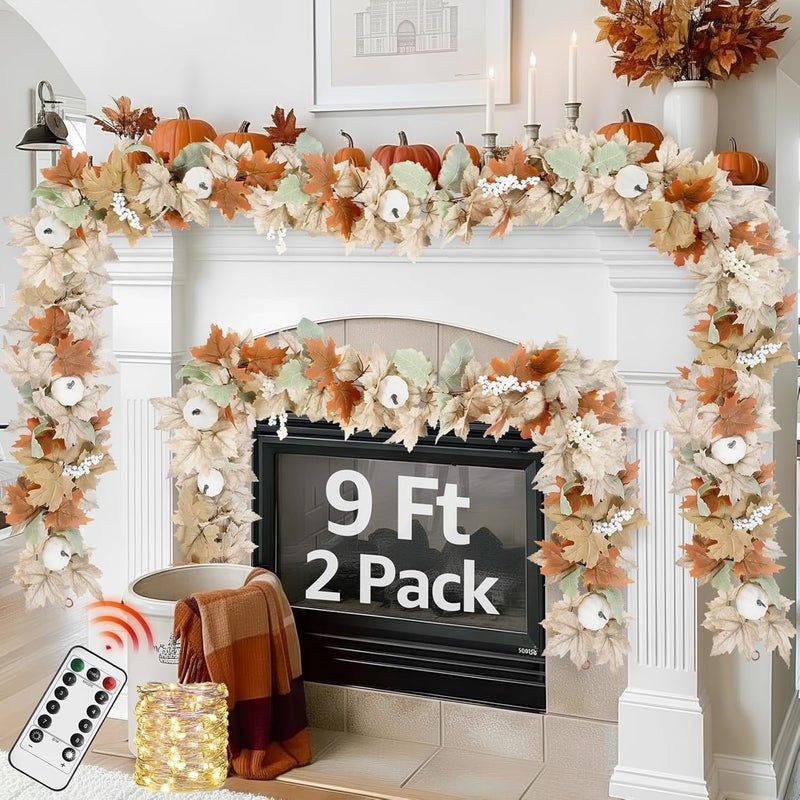 NUTIKAS Neutral Fall Garland for Mantle Fireplace - 2 Pack Toatal 18Ft Outdoor Autumn Leaves Decor for Home Front Door with Pumpkins Indoor Maple for Farmhouse Stairs Porch Halloween Thanksgiving Decorations - Image 1
