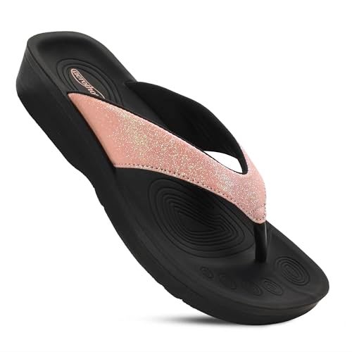 AEROTHOTIC Slip On Recovery Footwear Plantar Fasciitis Flip Flops for Women Yoga Mat Outdoor Walking Beach Ladies Arch Support Summer Thong Dressy Casual Sandals (Crystal Rose Gold, Size 6) - Image 1