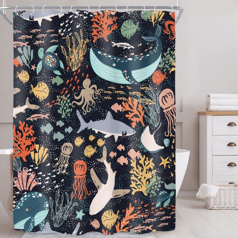 ريديكور Riyidecor stall Shark Kids Fish Shower Startain for Bathroom Decor - Image 2