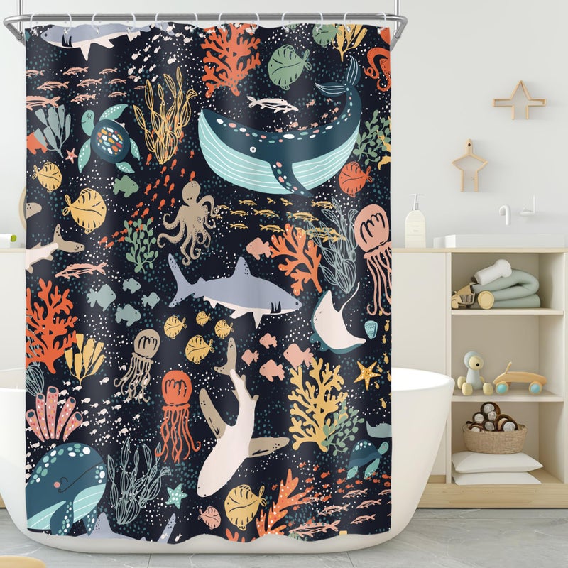 ريديكور Riyidecor stall Shark Kids Fish Shower Startain for Bathroom Decor - Image 1