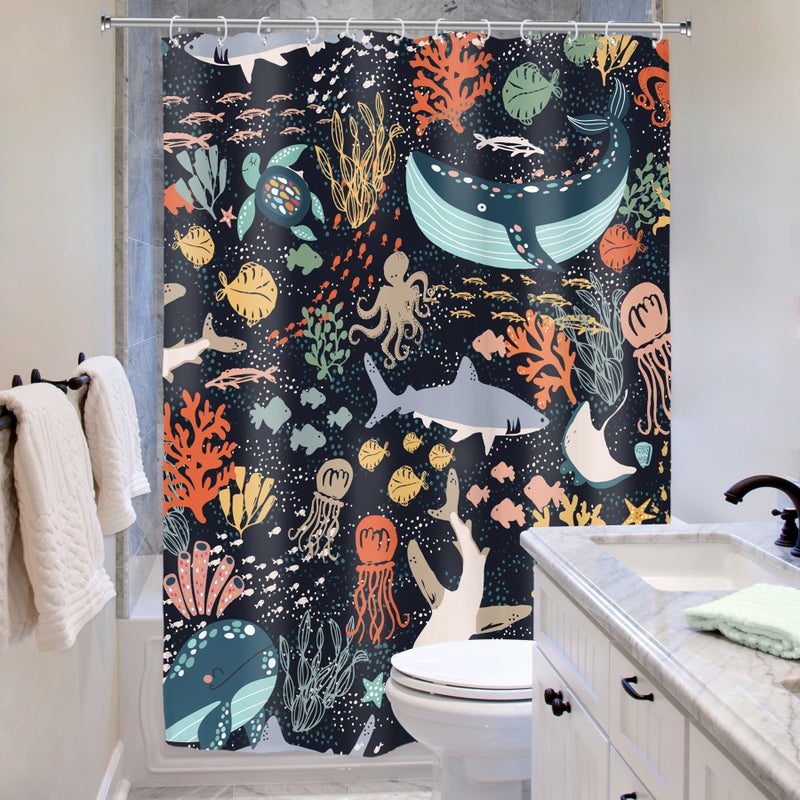 ريديكور Riyidecor stall Shark Kids Fish Shower Startain for Bathroom Decor - Image 4