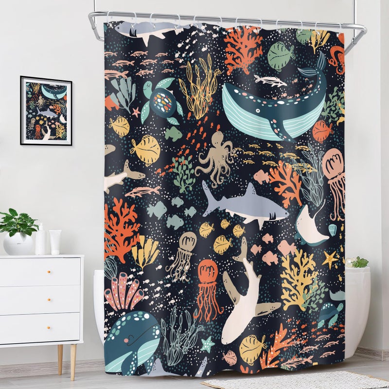 ريديكور Riyidecor stall Shark Kids Fish Shower Startain for Bathroom Decor - Image 3