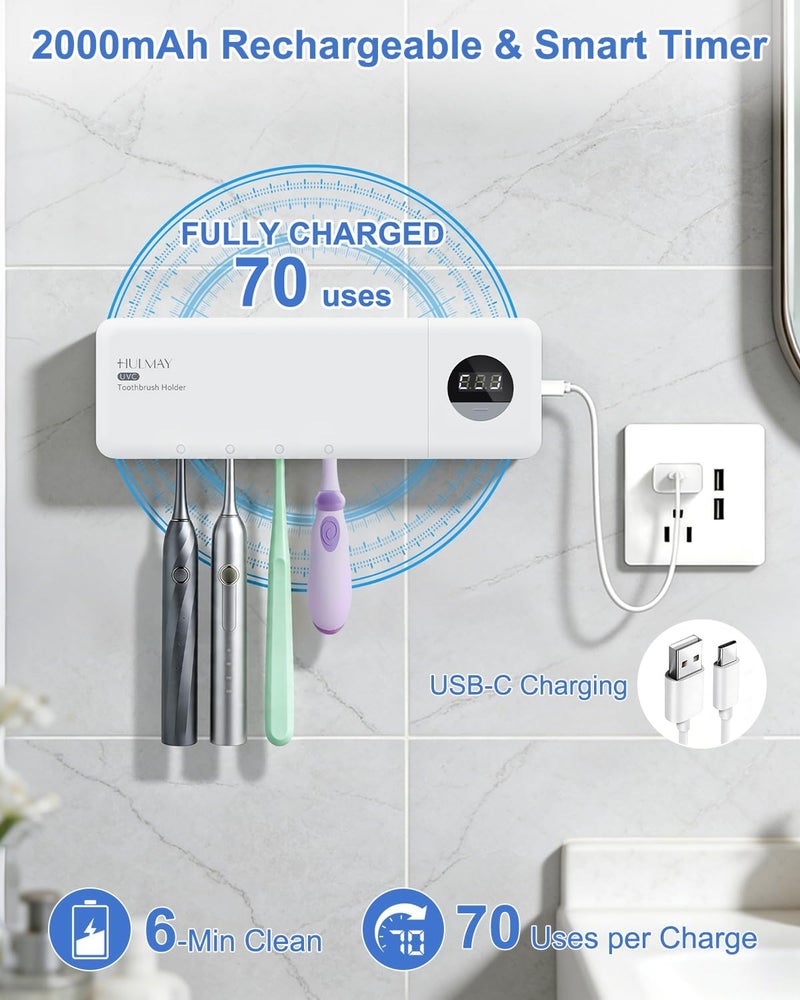 hulmay UV Toothbrush Sanitizer with Holder, Electric Toothbrush Holder Wall Mounted with Cover for 4 Slots, 2000mAh Rechargeable with Timer, Cordless Bathroom Organizer - White - Image 4