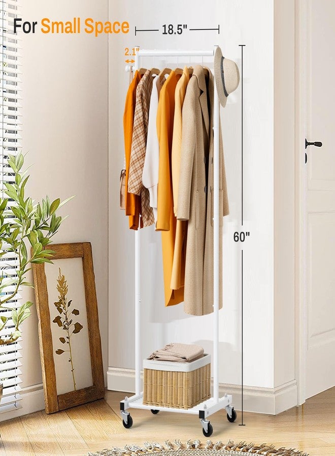 MISSLO Small Clothes Rail for Hanging Clothes Rack on Wheels 60" Metal Clothing Rail with Shelves Portable Free Standing Rolling Wardrobe Rack for Small Space, White - Image 2