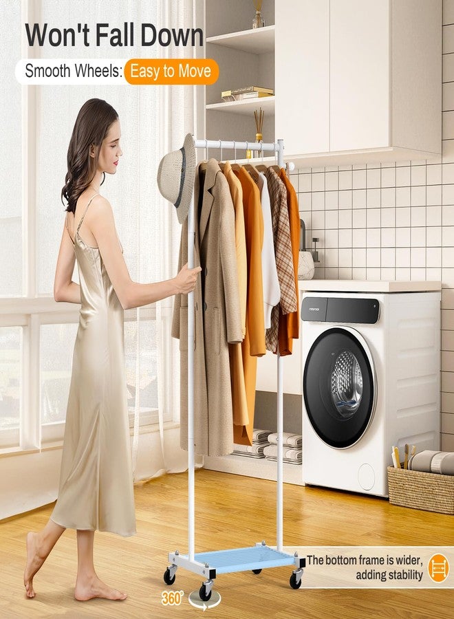 MISSLO Small Clothes Rail for Hanging Clothes Rack on Wheels 60" Metal Clothing Rail with Shelves Portable Free Standing Rolling Wardrobe Rack for Small Space, White - Image 4