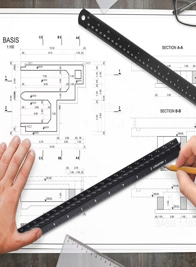 mveohos Architectural Scale Ruler with Straight Ruler, 12 Inches Imperial Measurements, Blcak Laser-Etched Aluminum Architect Triangular Ruler for Architects, Engineers, Architects, Students and Draftsman - Image 5