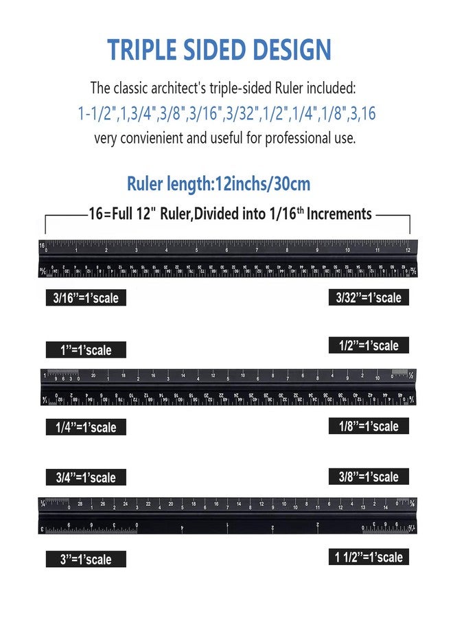 mveohos Architectural Scale Ruler with Straight Ruler, 12 Inches Imperial Measurements, Blcak Laser-Etched Aluminum Architect Triangular Ruler for Architects, Engineers, Architects, Students and Draftsman - Image 2