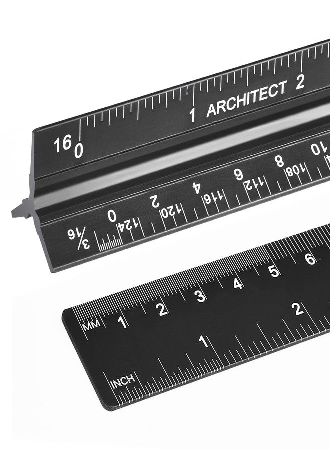 mveohos Architectural Scale Ruler with Straight Ruler, 12 Inches Imperial Measurements, Blcak Laser-Etched Aluminum Architect Triangular Ruler for Architects, Engineers, Architects, Students and Draftsman - Image 1