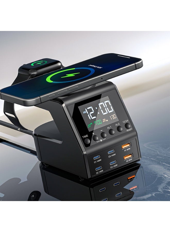 MOCOM 240W 10-in-1 USB C Charger Station with GaN Fast Charging, Digital Clock & Dual Alarm | 140W PD3.1 Multi-Port Desktop Charging Hub with 15W Wireless Charger for MacBook Pro, iPhone 17, Galaxy S25, iPad, Apple Watch & More - Image 2