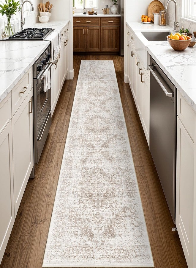 EISUROM Washable 2'6''x12' Runner Rug - Non-Slip Vintage Runner Rug for Entryway Low-Pile Medallion Long Rugs for Hallway Waterproof Traditional runner Rug Indoor Thin Rug for Kitchen (Cream/Beige) - Image 2
