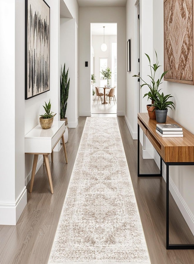 EISUROM Washable 2'6''x12' Runner Rug - Non-Slip Vintage Runner Rug for Entryway Low-Pile Medallion Long Rugs for Hallway Waterproof Traditional runner Rug Indoor Thin Rug for Kitchen (Cream/Beige) - Image 4