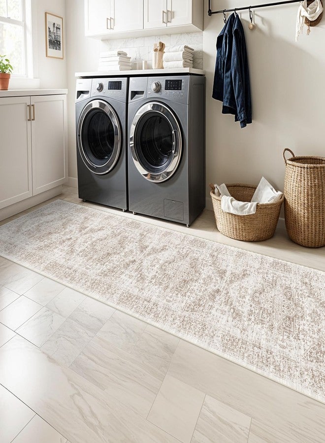 EISUROM Washable 2'6''x12' Runner Rug - Non-Slip Vintage Runner Rug for Entryway Low-Pile Medallion Long Rugs for Hallway Waterproof Traditional runner Rug Indoor Thin Rug for Kitchen (Cream/Beige) - Image 3