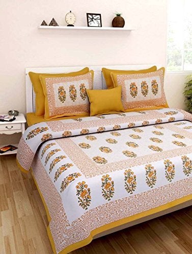 Monique Queen Size Rajasthani Jaipuri Traditional Sanganeri Print 144 TC Cotton Double Size Bedsheet with 2 Pillow Covers -4KAMBATIKBUTA-LY