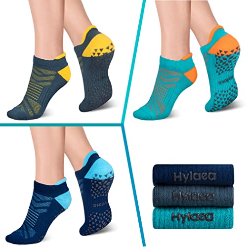 Hylaea Womens & Mens Non Slip Socks with Cushion for Yoga Pilates Barre Home Hospital Socks Dark Blue Green Large X-Large - Image 2