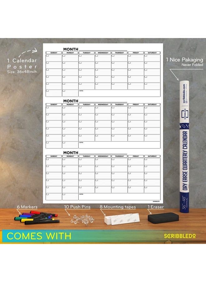 Scribbledo Large 36X48 Quarterly White Board Calendar Dry Erase Calendar For Wall 3 Month Big Dry Erase Wall Calendar 2023 Monthly Dry Erase Board Planner Includes 6 Markers Eraser Push Pins & Mounting Tape  - Image 3