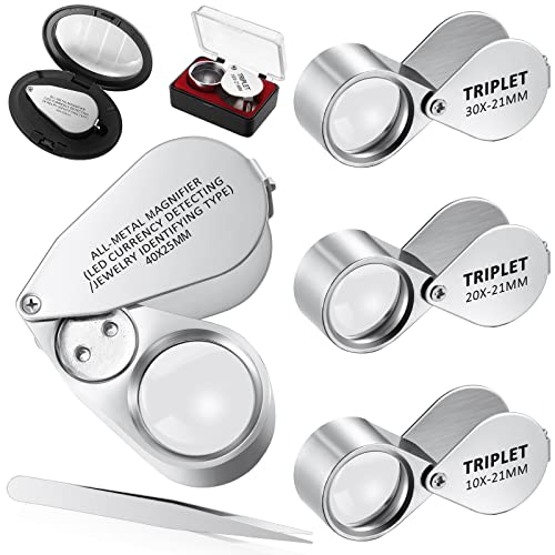 SEEWEY 4 Pcs 40x Metal Jewelers Loupe Magnifier with Light Illuminated LED Magnifying Glass 10x 20x 30x Jewelry Eye Loop Folding Pocket Magnifying Glass with Tweezers for Close Work Gems Rocks Stamps Coins - Image 1