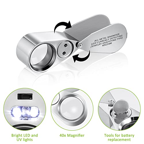 SEEWEY 4 Pcs 40x Metal Jewelers Loupe Magnifier with Light Illuminated LED Magnifying Glass 10x 20x 30x Jewelry Eye Loop Folding Pocket Magnifying Glass with Tweezers for Close Work Gems Rocks Stamps Coins - Image 3