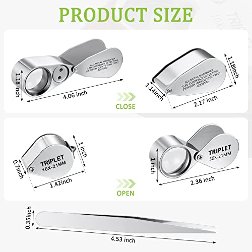 SEEWEY 4 Pcs 40x Metal Jewelers Loupe Magnifier with Light Illuminated LED Magnifying Glass 10x 20x 30x Jewelry Eye Loop Folding Pocket Magnifying Glass with Tweezers for Close Work Gems Rocks Stamps Coins - Image 2