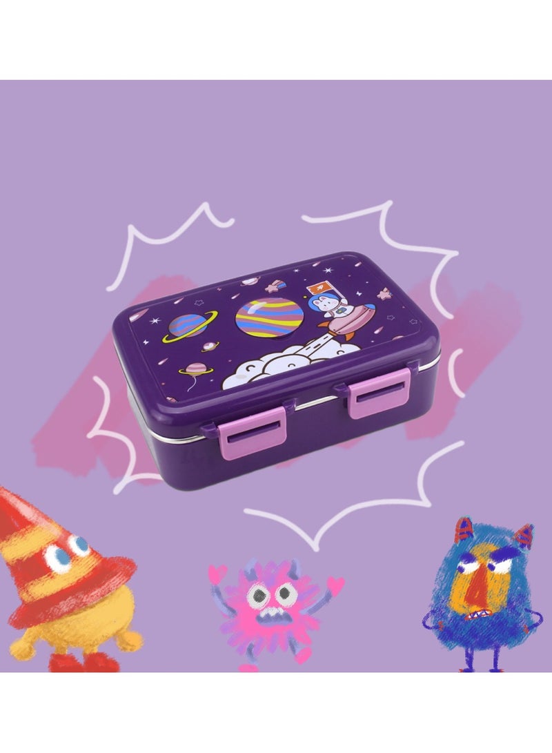 Cute Cartoon Children's Bento Box with 3 Compartments of Stainless Steel Lunch Box Suitable for Children's Office Workers (Purple)  - Image 1