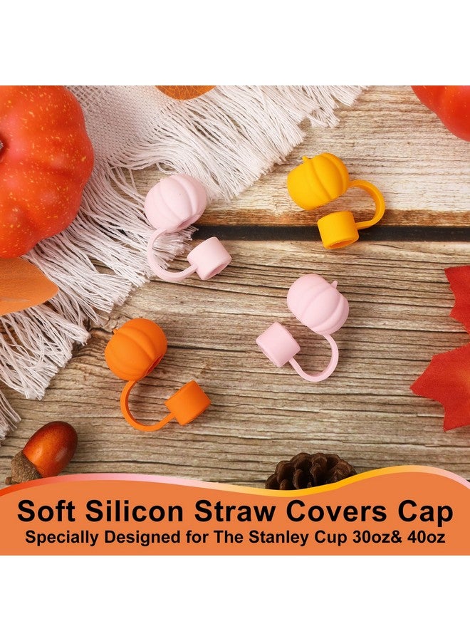Whaline Whaline 4Pcs Fall Straw Cover Cap Orange Pink Pumpkin Silicone Reusable Straw Topper Autumn Thanksgiving 10mm/0.4In Straw Lid Protector for 30/40 oz Tumbler Cup Accessories - Image 3