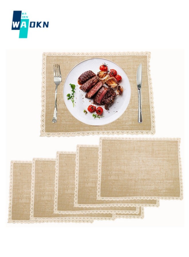 WAOKN Set of 5 Rectangular Linen Placemats (30 x 40 cm), Heat-resistant Indoor/outdoor Non-slip Table Mats, Washable Table Protection for Hotel Parties Wedding Receptions (Beige)  - Image 1