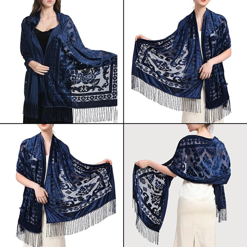 Navy Blue Ethnic Styled Shawl Multifunction Long Tassels Scarf Warm Shoulder Wrap - Image 3