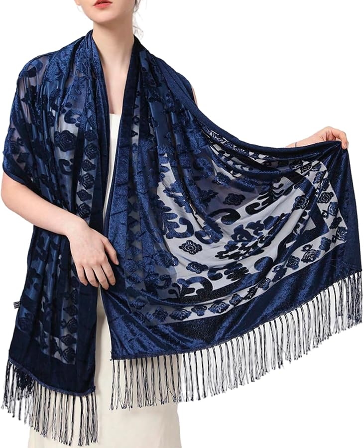 Navy Blue Ethnic Styled Shawl Multifunction Long Tassels Scarf Warm Shoulder Wrap - Image 5