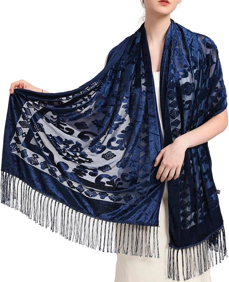Navy Blue Ethnic Styled Shawl Multifunction Long Tassels Scarf Warm Shoulder Wrap - Image 4