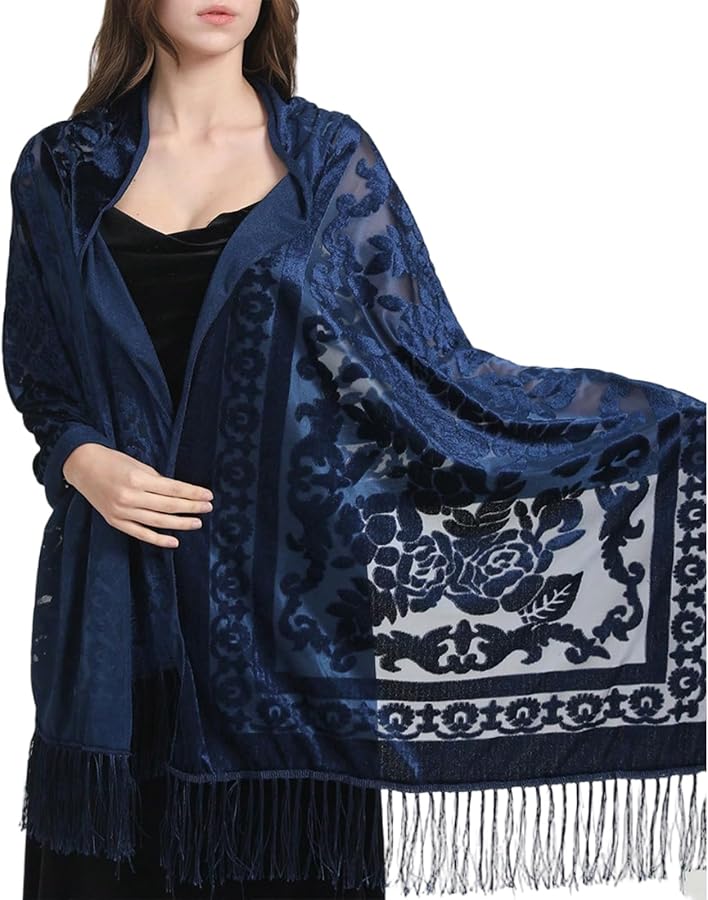 Navy Blue Ethnic Styled Shawl Multifunction Long Tassels Scarf Warm Shoulder Wrap - Image 1