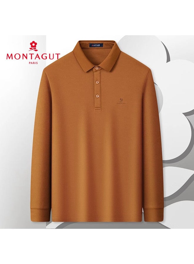 مونتاجوت Montagut قميص بولو طويل الأكمام للرجال مع ياقة حرير توت مطرز، تي شيرت بلون صلب، كراميل M - Image 1