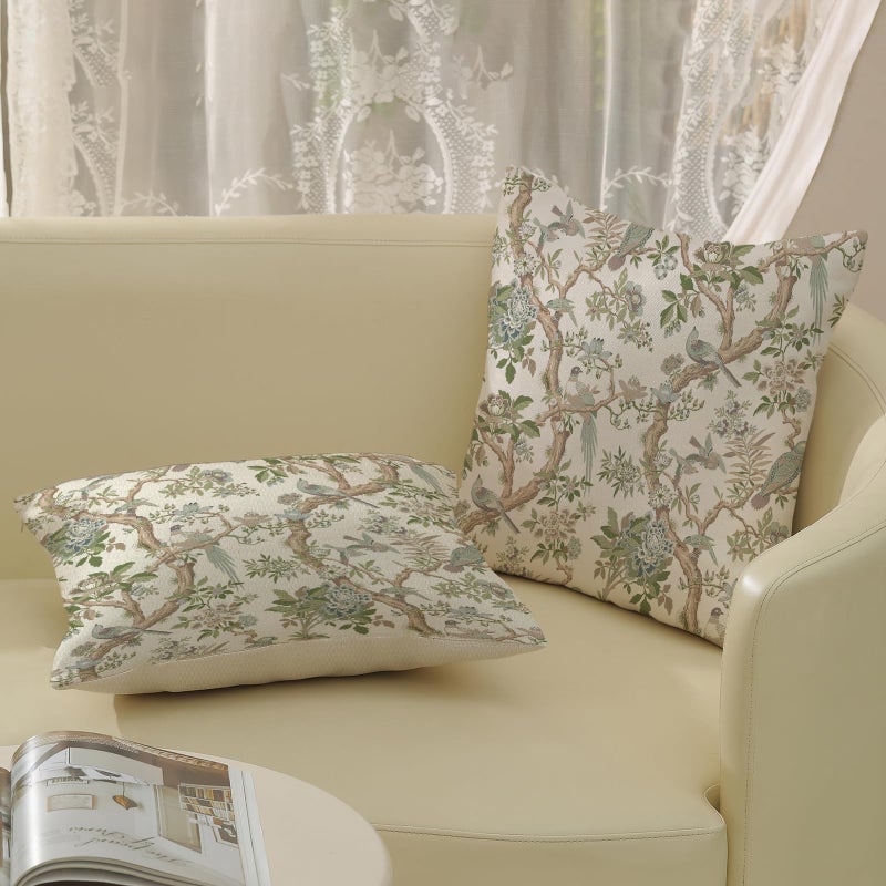 GOLIANDA Green Floral Bird Pillow Covers 20x20 Set of 2 Chinoiserie Throw Pillows Green Vintage Flowers Bird Decorative Pillow Cases Outdoor Chinoiserie Decor Farmhouse Cushion Case for Couch Sofa - Image 4