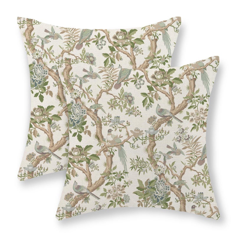 GOLIANDA Green Floral Bird Pillow Covers 20x20 Set of 2 Chinoiserie Throw Pillows Green Vintage Flowers Bird Decorative Pillow Cases Outdoor Chinoiserie Decor Farmhouse Cushion Case for Couch Sofa - Image 1
