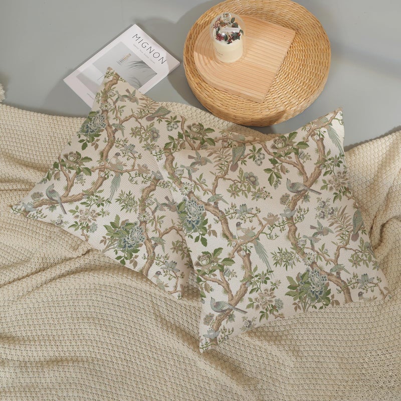 GOLIANDA Green Floral Bird Pillow Covers 20x20 Set of 2 Chinoiserie Throw Pillows Green Vintage Flowers Bird Decorative Pillow Cases Outdoor Chinoiserie Decor Farmhouse Cushion Case for Couch Sofa - Image 5