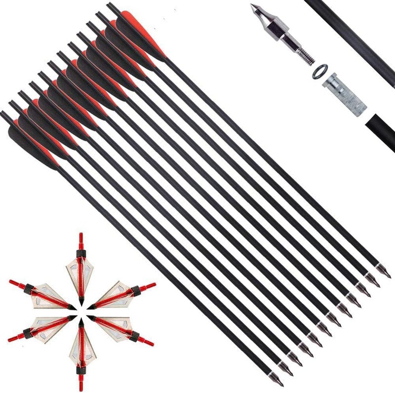 IRQ 20 Inch Carbon Crossbow Bolt and Crossbow Broadheads Set, 12 Pcs Hunting Carbon Arrows for Crossbow with 3 Blade Broadheads 6 Pcs for Archery Practise Hunting Crossbow Arrows - Image 1