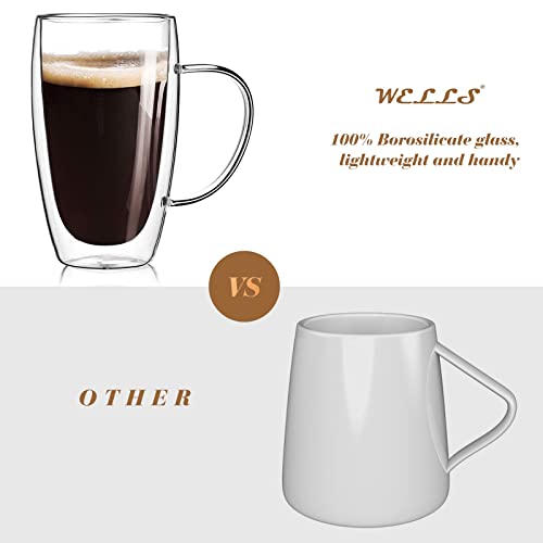 Wells 2-Pack 15 Oz Double Walled Glass Coffee Mugs with Handle,Large Insulated Layer Coffee Cups,Clear Borosilicate Mugs,Perfect for Cappuccino,Tea,Latte,Espresso,Hot Beverage,Wine,Microwave Safe - Image 4