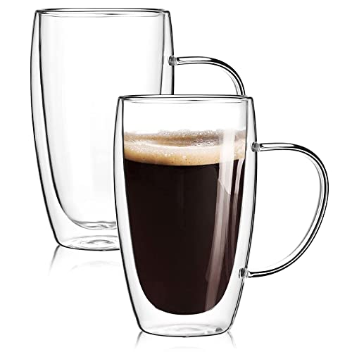 Wells 2-Pack 15 Oz Double Walled Glass Coffee Mugs with Handle,Large Insulated Layer Coffee Cups,Clear Borosilicate Mugs,Perfect for Cappuccino,Tea,Latte,Espresso,Hot Beverage,Wine,Microwave Safe - Image 1