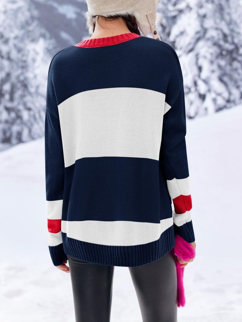 Saodimallsu Womens Color Block Oversized Sweater Ski Print Winter Trendy Crew Neck Long Sleeve Pullover Sweaters Knit Tops Navy Blue - Image 3