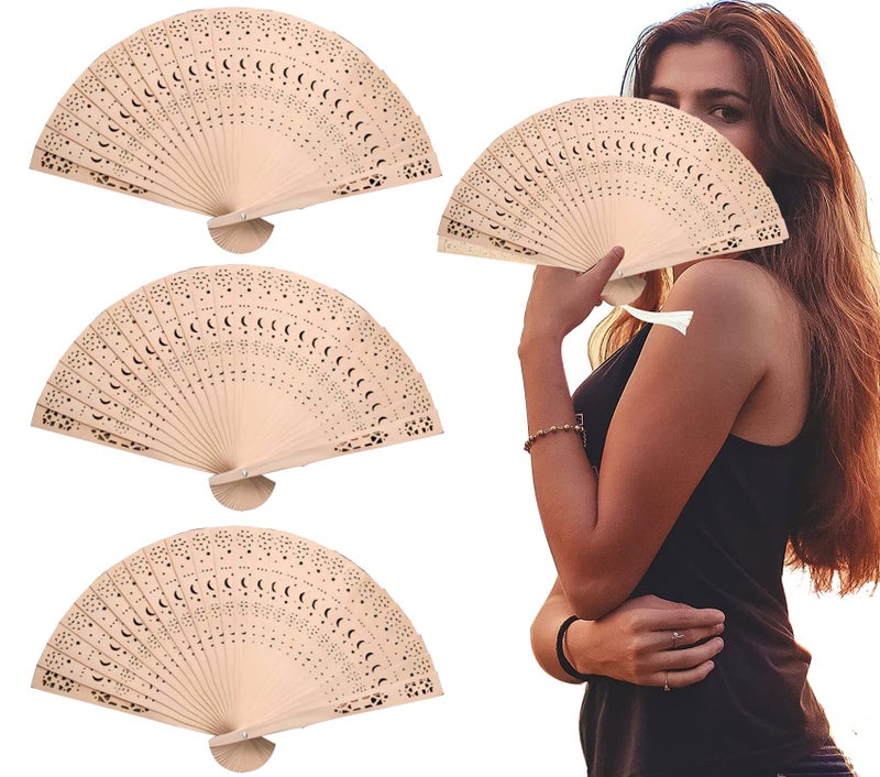 Wooden Folding Fan 3 Pack Star Moon Pattern Wooden Foldable Fan Handheld Folding Fans Sandalwood Hand Fan Wooden Hand Chinese Sandalwood Fan with Tassel for Women Wedding Souvenir Favors Baby Shower