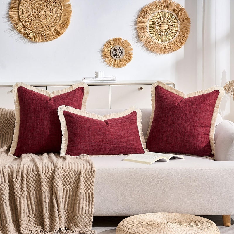 KWLET Decorative Lumbar Throw Pillow Cover 12x20 Boho Accent Pillowcase Farmhouse Cushion for Couch Sofa Bedroom Living Home Décor Wine red - Image 3