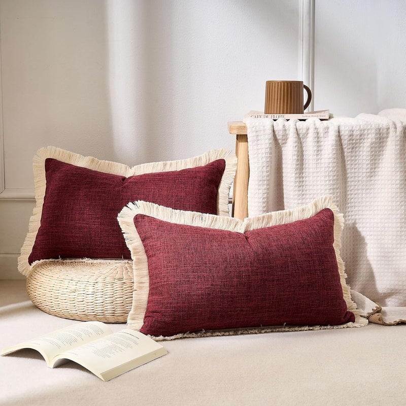 KWLET Decorative Lumbar Throw Pillow Cover 12x20 Boho Accent Pillowcase Farmhouse Cushion for Couch Sofa Bedroom Living Home Décor Wine red - Image 2