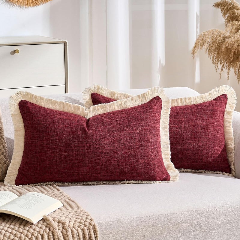 KWLET Decorative Lumbar Throw Pillow Cover 12x20 Boho Accent Pillowcase Farmhouse Cushion for Couch Sofa Bedroom Living Home Décor Wine red - Image 1