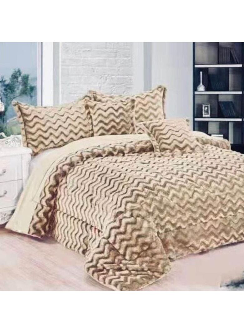 BEIGE KINGSIZE 6 PIECE WAVE DESIGN FUR COMFORTER SET