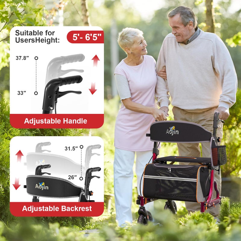 Aojin Rollator Walker for Seniors with Seat, Lightweight & Foldable, 8" All-Terrain Wheels, 18" Big Seat, 6-Level Adjustable Height Rolling Walker, 350 lb Capacity, Burgundy - Image 3