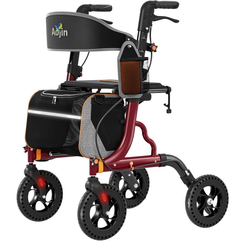 Aojin Rollator Walker for Seniors with Seat, Lightweight & Foldable, 8" All-Terrain Wheels, 18" Big Seat, 6-Level Adjustable Height Rolling Walker, 350 lb Capacity, Burgundy - Image 1