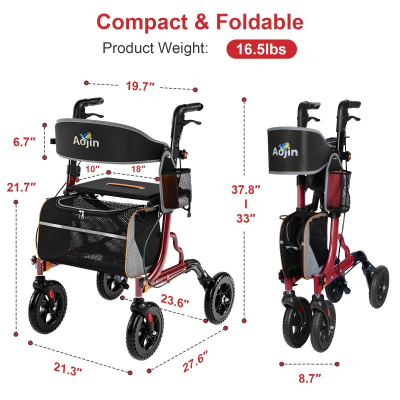 Aojin Rollator Walker for Seniors with Seat, Lightweight & Foldable, 8" All-Terrain Wheels, 18" Big Seat, 6-Level Adjustable Height Rolling Walker, 350 lb Capacity, Burgundy - Image 5