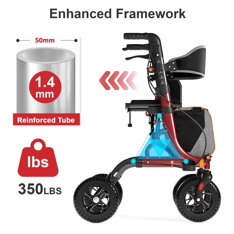 Aojin Rollator Walker for Seniors with Seat, Lightweight & Foldable, 8" All-Terrain Wheels, 18" Big Seat, 6-Level Adjustable Height Rolling Walker, 350 lb Capacity, Burgundy - Image 2